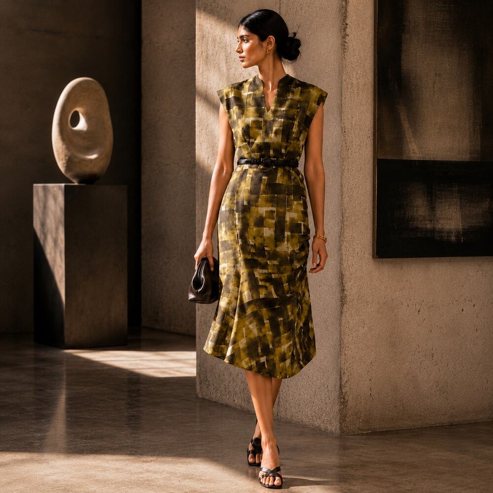 Marni Abstract Silk Linen Asymmetric Midi Dress IT 40 US 8
